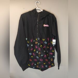 Sailor Moon Zip-Up Windbreaker – Retro Symbol Print, Black, Unisex Size Small